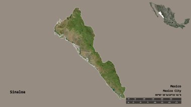 Sinaloa 'nın şekli, Meksika eyaleti, başkenti sağlam arka planda izole edilmiş. Uzaklık ölçeği, bölge önizlemesi ve etiketleri. Uydu görüntüleri. 3B görüntüleme