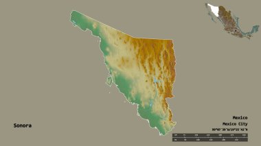 Sonora 'nın şekli, Meksika eyaleti, başkenti sağlam arka planda izole edilmiş. Uzaklık ölçeği, bölge önizlemesi ve etiketleri. Topografik yardım haritası. 3B görüntüleme
