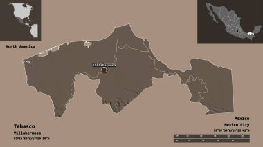 Tabasco 'nun şekli, Meksika eyaleti ve başkenti. Uzaklık ölçeği, ön gösterimler ve etiketler. Renkli yükseklik haritası. 3B görüntüleme