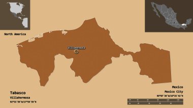 Tabasco 'nun şekli, Meksika eyaleti ve başkenti. Uzaklık ölçeği, ön gösterimler ve etiketler. Düzenli desenli dokuların bileşimi. 3B görüntüleme