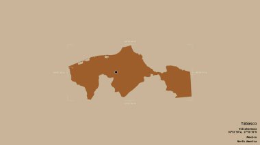 Tabasco bölgesi, Meksika eyaleti, jeoreferatlı bir sınır kutusunda sağlam bir arka planda izole edilmiş. Etiketler. Desenli dokuların bileşimi. 3B görüntüleme