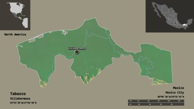 Tabasco 'nun şekli, Meksika eyaleti ve başkenti. Uzaklık ölçeği, ön gösterimler ve etiketler. Topografik yardım haritası. 3B görüntüleme