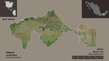 Tabasco 'nun şekli, Meksika eyaleti ve başkenti. Uzaklık ölçeği, ön gösterimler ve etiketler. Uydu görüntüleri. 3B görüntüleme