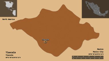 Tlaxcala 'nın şekli, Meksika eyaleti ve başkenti. Uzaklık ölçeği, ön gösterimler ve etiketler. Düzenli desenli dokuların bileşimi. 3B görüntüleme