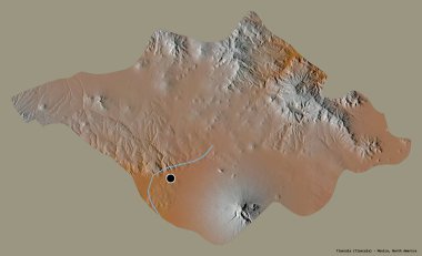 Tlaxcala 'nın şekli, Meksika eyaleti, başkenti katı renk arka planında izole edilmiş. Topografik yardım haritası. 3B görüntüleme