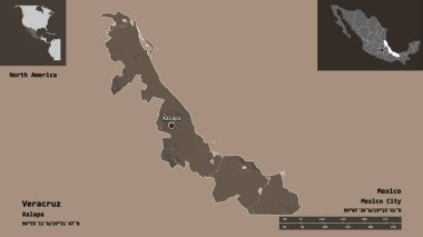 Veracruz 'un şekli, Meksika eyaleti ve başkenti. Uzaklık ölçeği, ön gösterimler ve etiketler. Renkli yükseklik haritası. 3B görüntüleme
