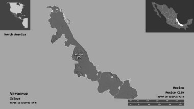 Veracruz 'un şekli, Meksika eyaleti ve başkenti. Uzaklık ölçeği, ön gösterimler ve etiketler. Çift seviyeli yükseklik haritası. 3B görüntüleme