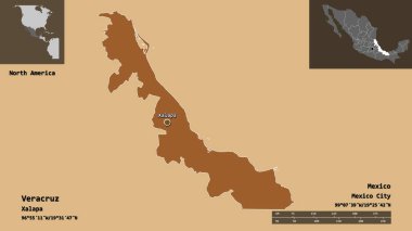 Veracruz 'un şekli, Meksika eyaleti ve başkenti. Uzaklık ölçeği, ön gösterimler ve etiketler. Düzenli desenli dokuların bileşimi. 3B görüntüleme