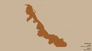 Veracruz bölgesi, Meksika eyaleti, jeoreferatlı bir sınır kutusunda sağlam bir arka planda izole edilmiş. Etiketler. Desenli dokuların bileşimi. 3B görüntüleme