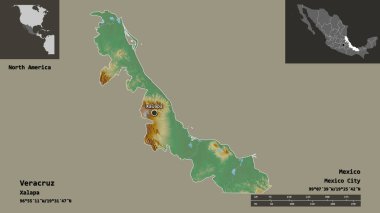 Veracruz 'un şekli, Meksika eyaleti ve başkenti. Uzaklık ölçeği, ön gösterimler ve etiketler. Topografik yardım haritası. 3B görüntüleme