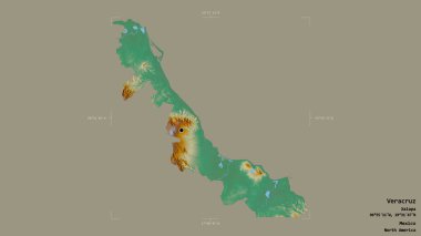 Veracruz bölgesi, Meksika eyaleti, jeoreferatlı bir sınır kutusunda sağlam bir arka planda izole edilmiş. Etiketler. Topografik yardım haritası. 3B görüntüleme