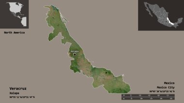 Veracruz 'un şekli, Meksika eyaleti ve başkenti. Uzaklık ölçeği, ön gösterimler ve etiketler. Uydu görüntüleri. 3B görüntüleme