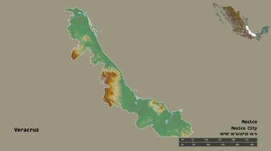 Veracruz 'un şekli, Meksika eyaleti, başkenti sağlam bir zemin üzerinde izole edilmiş. Uzaklık ölçeği, bölge önizlemesi ve etiketleri. Topografik yardım haritası. 3B görüntüleme