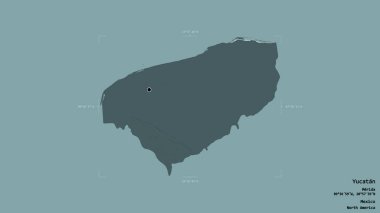 Yucatan bölgesi, Meksika eyaleti, jeoreferatlı bir sınır kutusunda sağlam bir arka planda izole edilmiş. Etiketler. Renkli yükseklik haritası. 3B görüntüleme