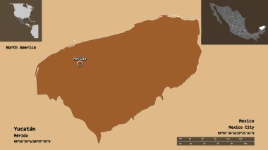 Yucatan 'ın şekli, Meksika eyaleti ve başkenti. Uzaklık ölçeği, ön gösterimler ve etiketler. Düzenli desenli dokuların bileşimi. 3B görüntüleme