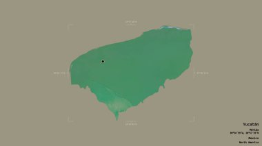 Yucatan bölgesi, Meksika eyaleti, jeoreferatlı bir sınır kutusunda sağlam bir arka planda izole edilmiş. Etiketler. Topografik yardım haritası. 3B görüntüleme