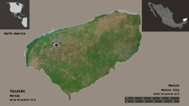 Yucatan 'ın şekli, Meksika eyaleti ve başkenti. Uzaklık ölçeği, ön gösterimler ve etiketler. Uydu görüntüleri. 3B görüntüleme