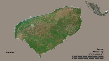 Meksika 'nın Yucatan eyaleti, başkenti sağlam bir zemin üzerinde izole edilmiştir. Uzaklık ölçeği, bölge önizlemesi ve etiketleri. Uydu görüntüleri. 3B görüntüleme