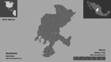 Zacatecas 'ın şekli, Meksika eyaleti ve başkenti. Uzaklık ölçeği, ön gösterimler ve etiketler. Çift seviyeli yükseklik haritası. 3B görüntüleme
