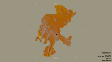 Zacatecas bölgesi, Meksika eyaleti, jeoreferated sınır kutusunda sağlam bir arka planda izole edilmiş. Etiketler. Topografik yardım haritası. 3B görüntüleme