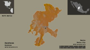 Zacatecas 'ın şekli, Meksika eyaleti ve başkenti. Uzaklık ölçeği, ön gösterimler ve etiketler. Topografik yardım haritası. 3B görüntüleme