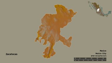 Zacatecas 'ın şekli, Meksika eyaleti, sermayesi sağlam arka planda izole edilmiş. Uzaklık ölçeği, bölge önizlemesi ve etiketleri. Topografik yardım haritası. 3B görüntüleme