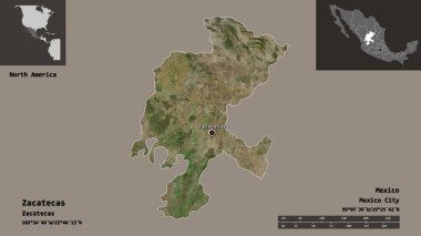 Zacatecas 'ın şekli, Meksika eyaleti ve başkenti. Uzaklık ölçeği, ön gösterimler ve etiketler. Uydu görüntüleri. 3B görüntüleme