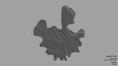Moldova 'nın Anenii Noi bölgesi, katı bir arka planda bir sınır kutusunda izole edilmiş. Etiketler. Çift seviyeli yükseklik haritası. 3B görüntüleme