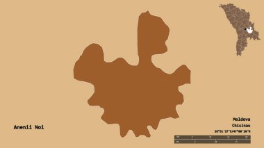 Moldova 'nın Anenii Noi ilçesi, başkenti sağlam arka planda izole edilmiştir. Uzaklık ölçeği, bölge önizlemesi ve etiketleri. Düzenli desenli dokuların bileşimi. 3B görüntüleme