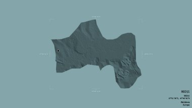 Moldova 'nın Balti bölgesi, katı bir arka planda izole edilmiş bir sınır kutusunda. Etiketler. Renkli yükseklik haritası. 3B görüntüleme