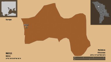 Balti 'nin şekli, Moldova şehri ve başkenti. Uzaklık ölçeği, ön gösterimler ve etiketler. Düzenli desenli dokuların bileşimi. 3B görüntüleme