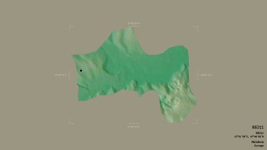 Moldova 'nın Balti bölgesi, katı bir arka planda izole edilmiş bir sınır kutusunda. Etiketler. Topografik yardım haritası. 3B görüntüleme