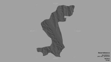 Moldova 'nın Basarabeasca ilçesi, katı bir arka planda bir sınır kutusunda izole edilmiş. Etiketler. Çift seviyeli yükseklik haritası. 3B görüntüleme