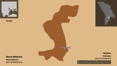 Basarabeasca 'nın şekli, Moldova ilçesi ve başkenti. Uzaklık ölçeği, ön gösterimler ve etiketler. Düzenli desenli dokuların bileşimi. 3B görüntüleme