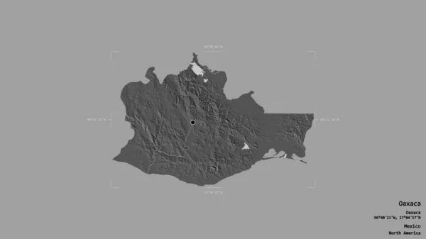 メキシコの州であるオアハカ州の地域は 洗練された境界ボックス内の強固な背景に隔離されています ラベル 標高マップ 3Dレンダリング — ストック写真