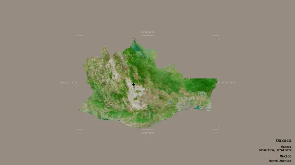 メキシコの州であるオアハカ州の地域は 洗練された境界ボックス内の強固な背景に隔離されています ラベル 衛星画像 3Dレンダリング — ストック写真