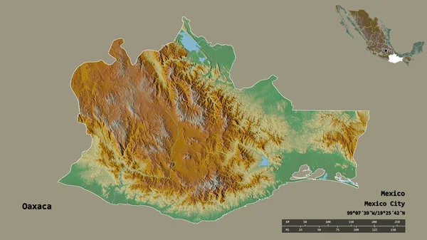 墨西哥瓦哈卡州的形状 其首都在坚实的背景下与世隔绝 距离尺度 区域预览和标签 地形浮雕图 3D渲染 — 图库照片