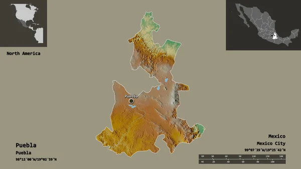 普埃布拉的形状 墨西哥州 及其首府 距离刻度 预览和标签 地形浮雕图 3D渲染 — 图库照片