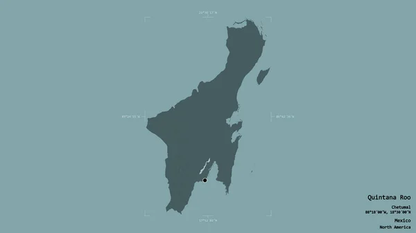 Area of Quintana Roo, state of Mexico, isolated on a solid background in a georeferenced bounding box. Labels. Colored elevation map. 3D rendering