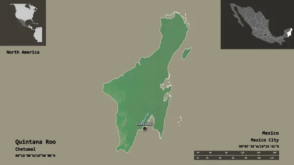 キンタナ ルーの形 メキシコの状態 そしてその首都 距離スケール プレビューおよびラベル 地形図 3Dレンダリング — ストック写真