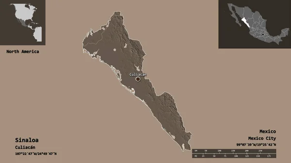 シナロアの形状 メキシコの状態 およびその首都 距離スケール プレビューおよびラベル 色の標高マップ 3Dレンダリング — ストック写真