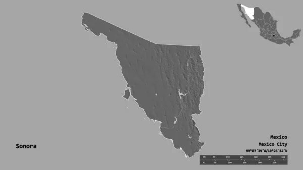 ソノーラの形 メキシコの状態 その首都はしっかりとした背景に隔離されています 距離スケール リージョンプレビュー およびラベル 標高マップ 3Dレンダリング — ストック写真