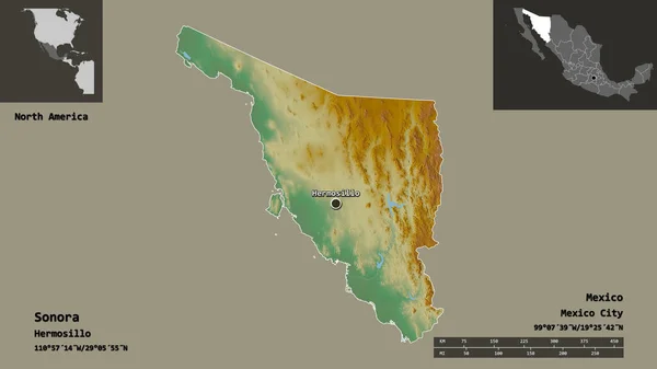 ソノラの形 メキシコの状態 そしてその首都 距離スケール プレビューおよびラベル 地形図 3Dレンダリング — ストック写真