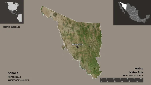 Shape Sonora State Mexico Its Capital Distance Scale Previews Labels — Stock Photo, Image