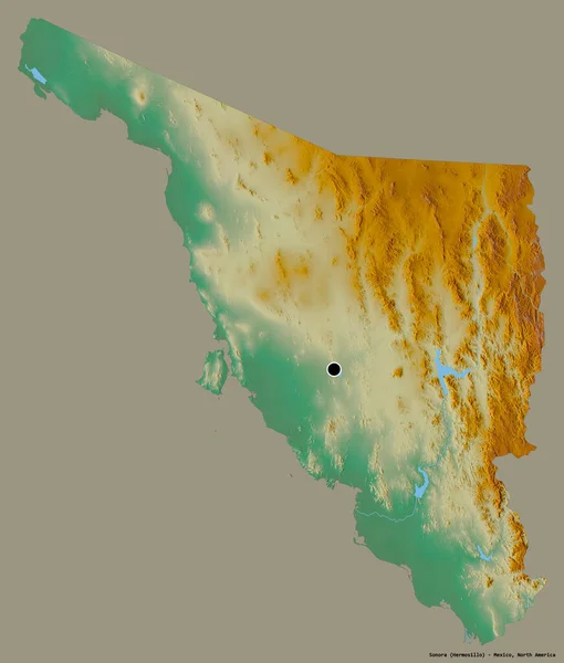 Shape of Sonora, state of Mexico, with its capital isolated on a solid color background. Topographic relief map. 3D rendering