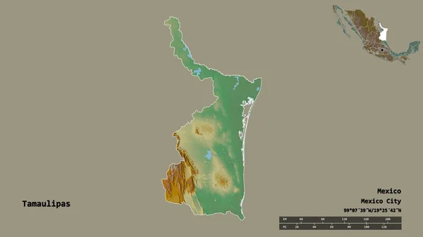 墨西哥塔毛利帕斯州的形状 其首都在坚实的背景下与世隔绝 距离尺度 区域预览和标签 地形浮雕图 3D渲染 — 图库照片