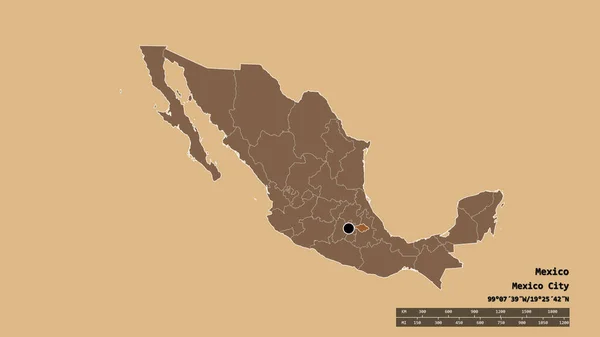 Desaturated Shape Mexico Its Capital Main Regional Division Separated Tlaxcala — Stock Photo, Image