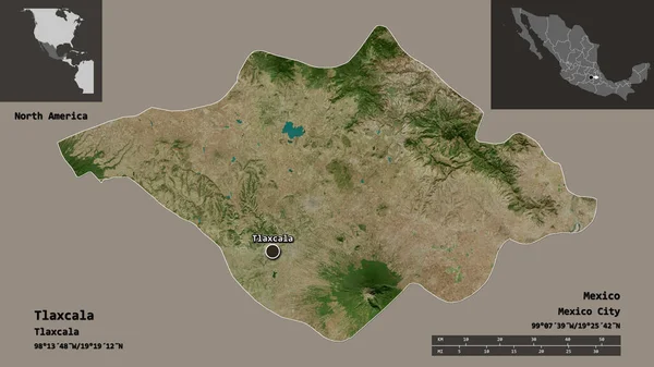 墨西哥州特拉斯卡拉的形状及其首府 距离刻度 预览和标签 卫星图像 3D渲染 — 图库照片