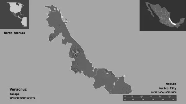 ベラクルスの形 メキシコの状態 そして その首都 距離スケール プレビューおよびラベル 標高マップ 3Dレンダリング — ストック写真