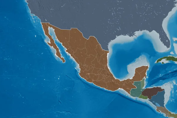 Rozszerzony Obszar Meksyku Zarysem Kraju Granicami Międzynarodowymi Regionalnymi Kolorowa Mapa — Zdjęcie stockowe
